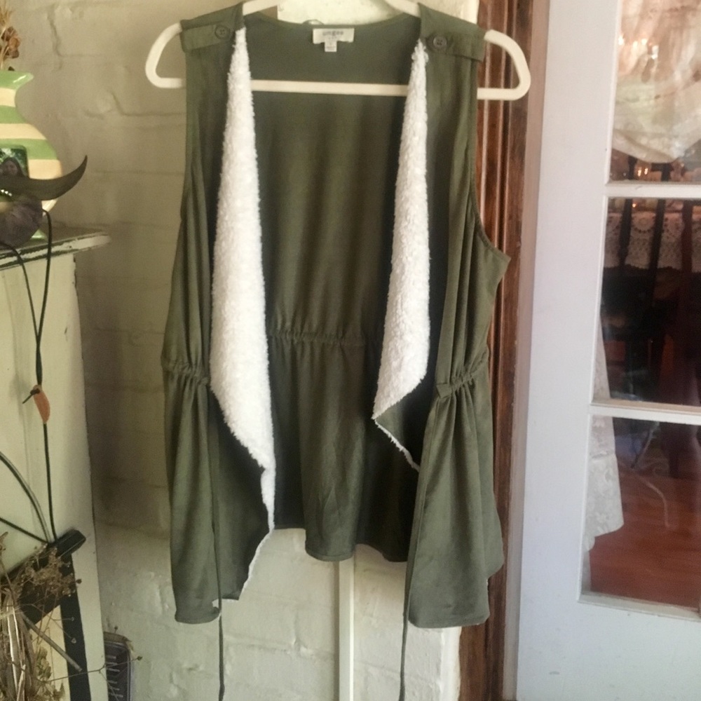 Olive green open, long, drape vest